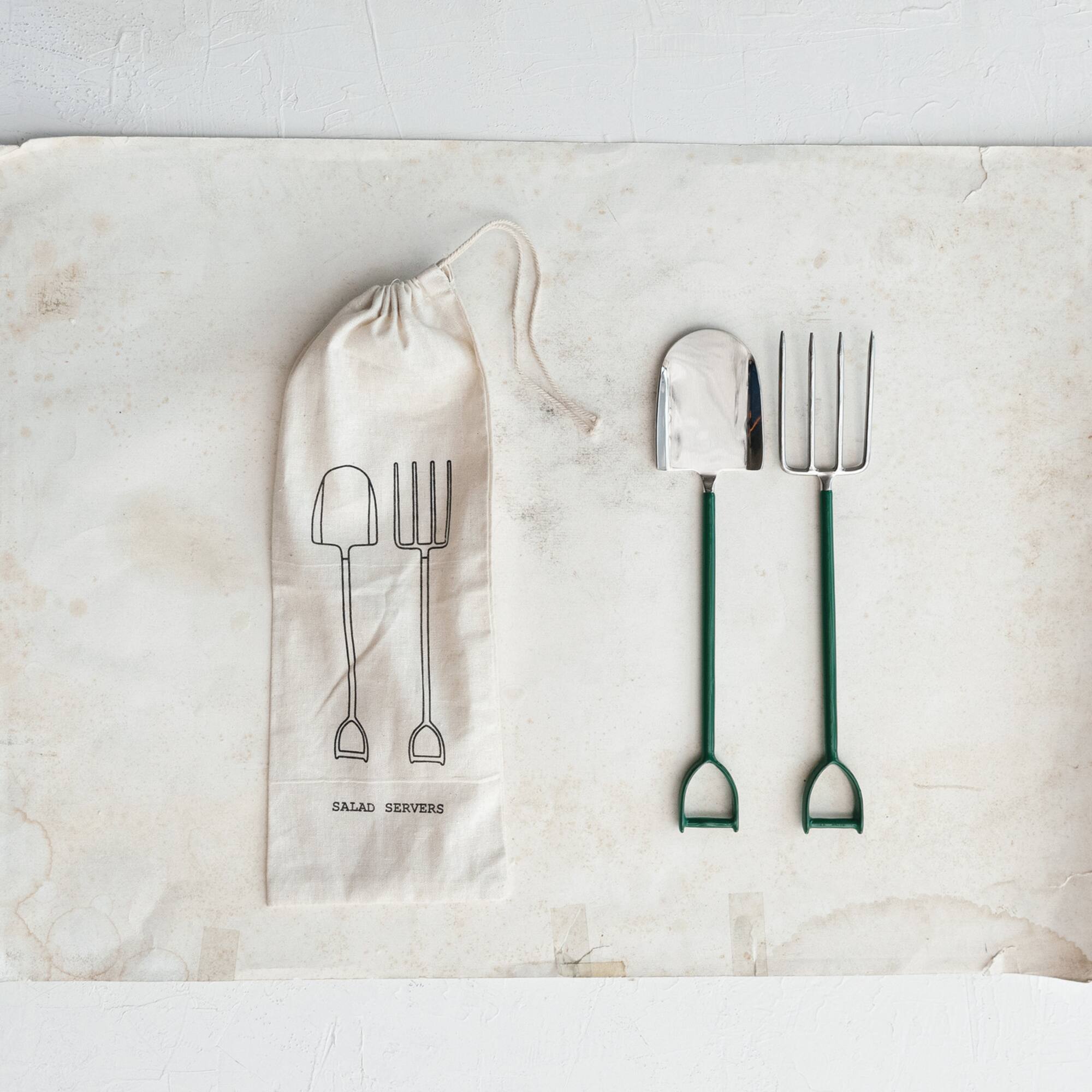 Hello Honey® Stainless Steel Garden Tool Salad Server Set with Green Handles